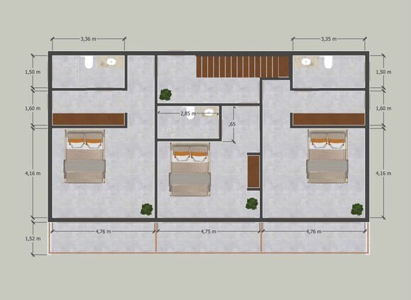 Planta técnica cotada do primeiro pavimento da Casa Praia do Conduru V com medidas das três suítes e varanda