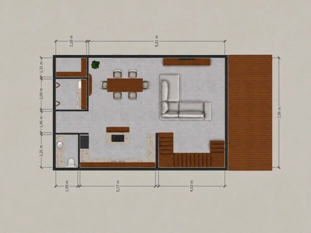 Planta técnica cotada do térreo da Villa do Conduru V com medidas do living, cozinha e deck posterior