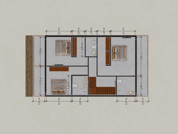 Planta técnica cotada do primeiro pavimento da Villa do Conduru V com medidas das três suítes e varandas