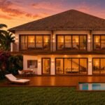 Casa Praia — fachada noturna com deck e piscina privativa